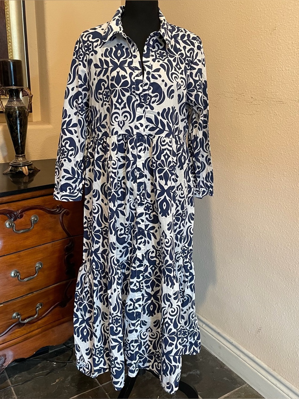 Zara navy and white damask print collared midi dress